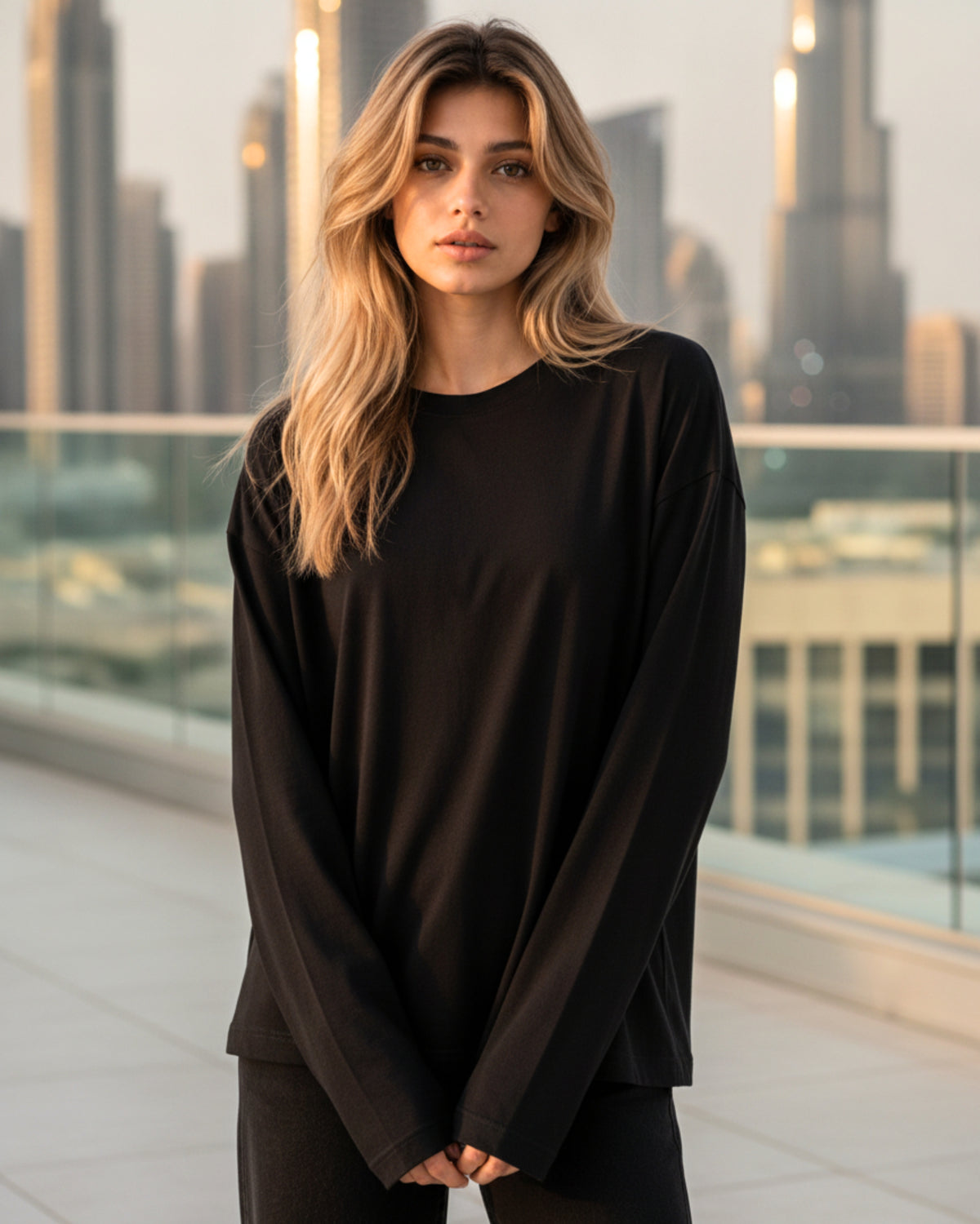 Women's Solid Black Oversized Long Sleeve Crew Neck Regular T-Shirt