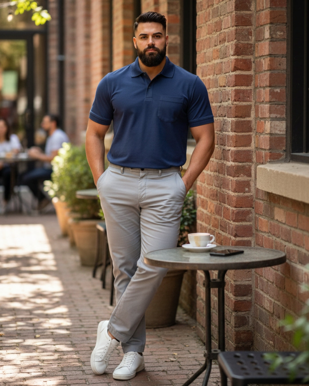 Men Plus size Polo Collar Pockets Navy Blue T-shirt