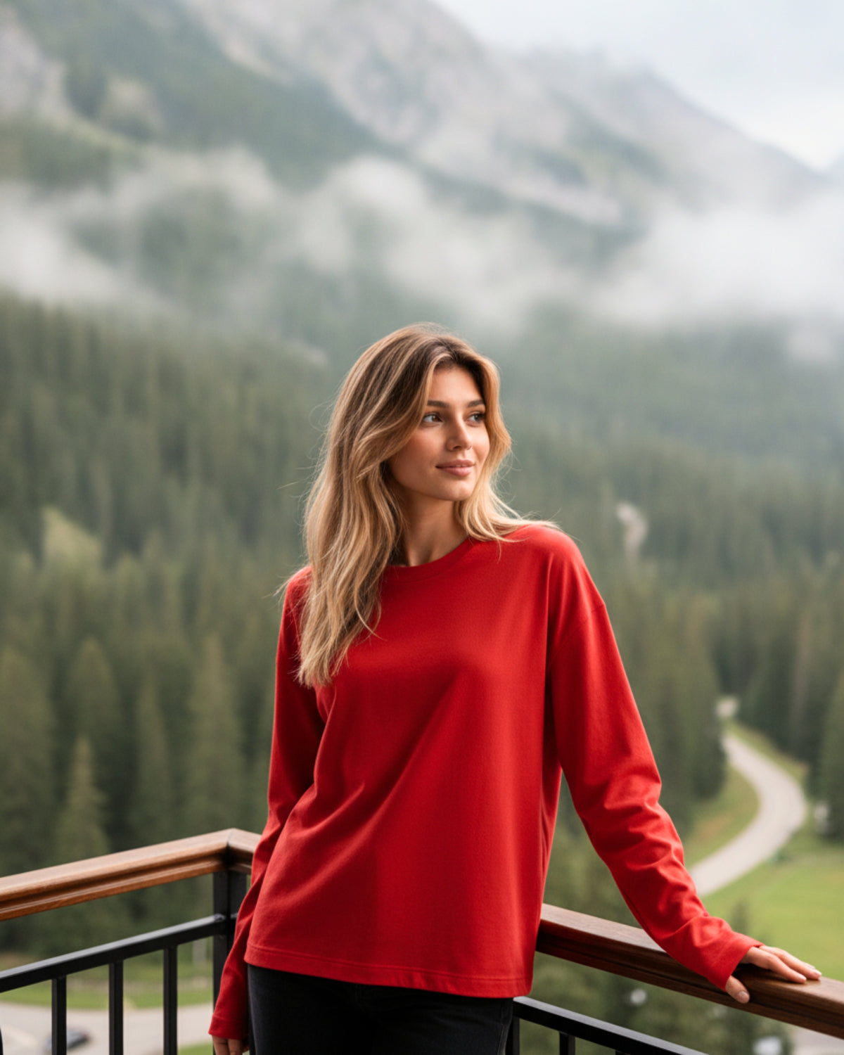 Women's Solid Red Oversized Long Sleeve Crew Neck Regular T-Shirt