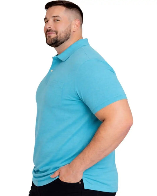 Men Plus size Polo Collar Pockets Aqua Blue T-shirt