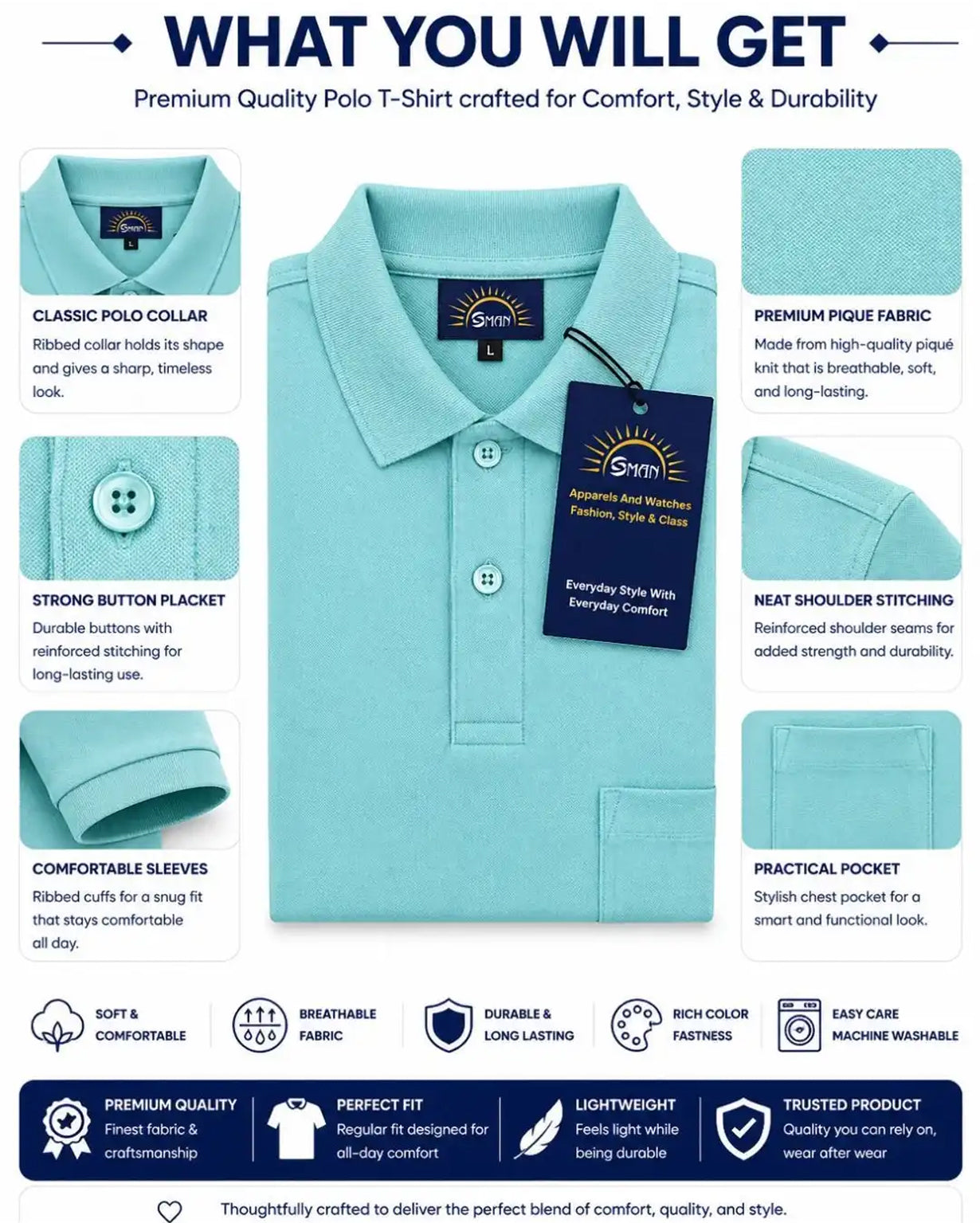 Men Plus size Polo Collar Pockets Aqua Blue T-shirt