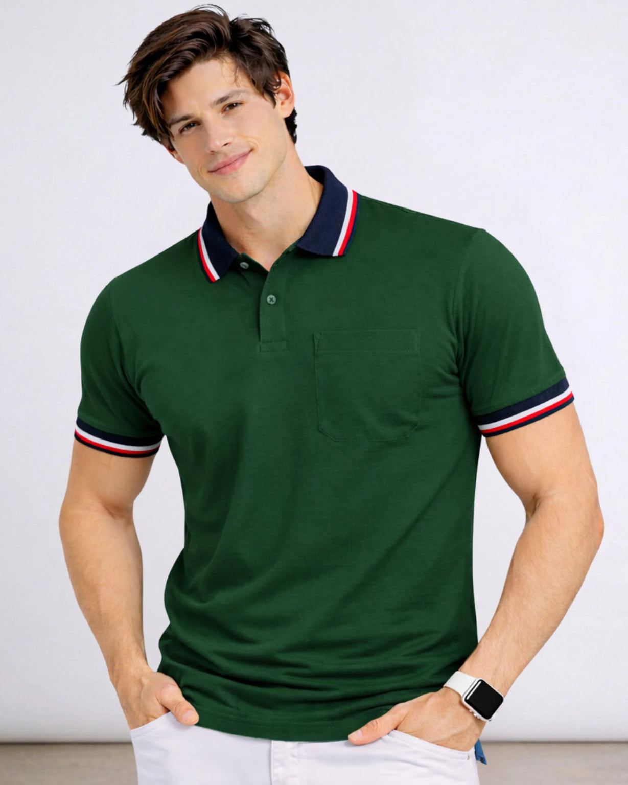 SMAN Men Solid Polo Neck Cotton Blend Green, Navy Blue T-Shirt