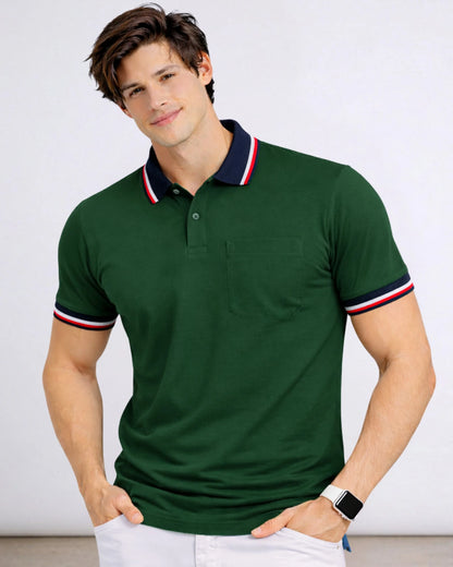 SMAN Men Solid Polo Neck Cotton Blend Green, Navy Blue T-Shirt