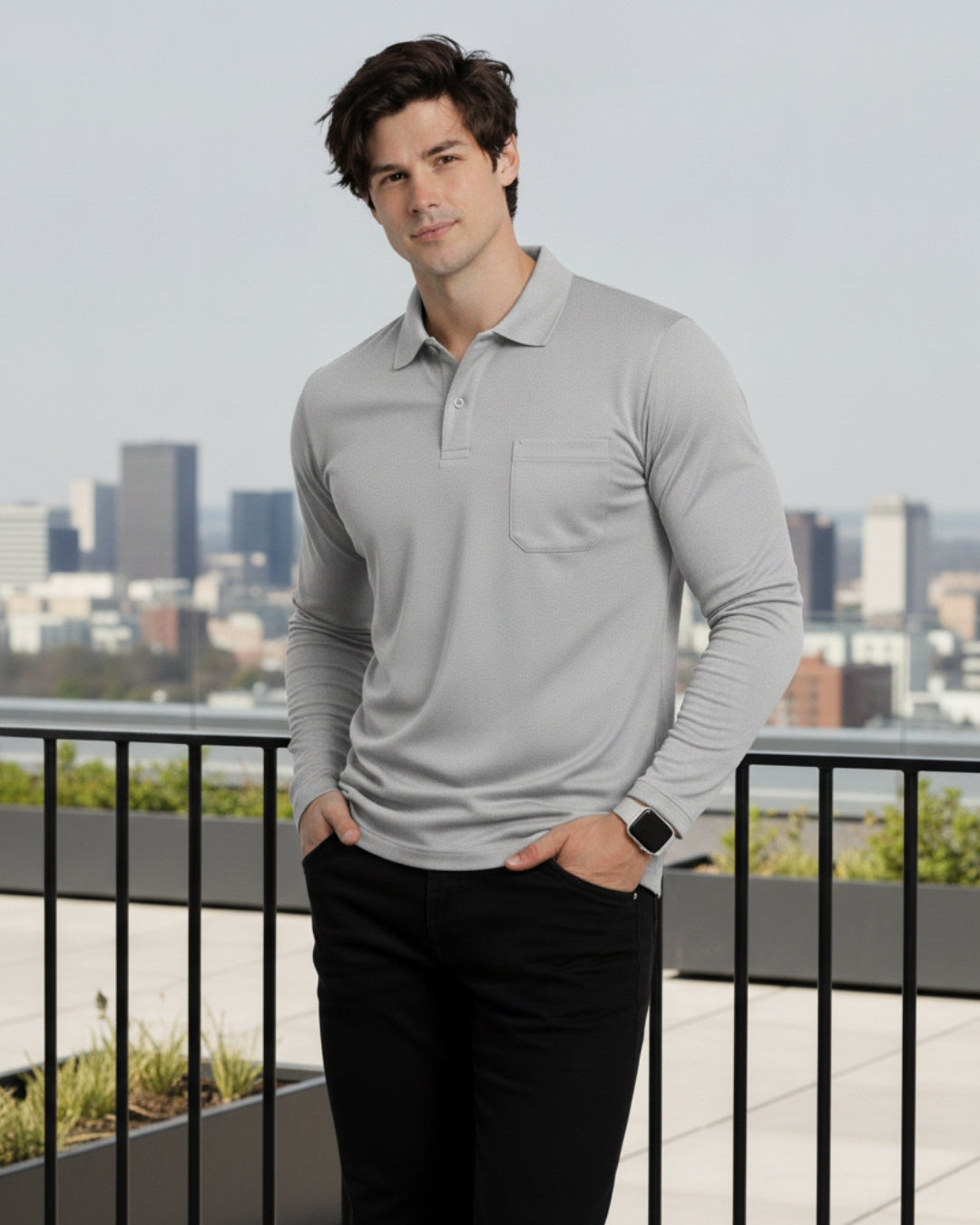 Men's Solid Grey Matty Full sleeve Polo Regular T-Shirt