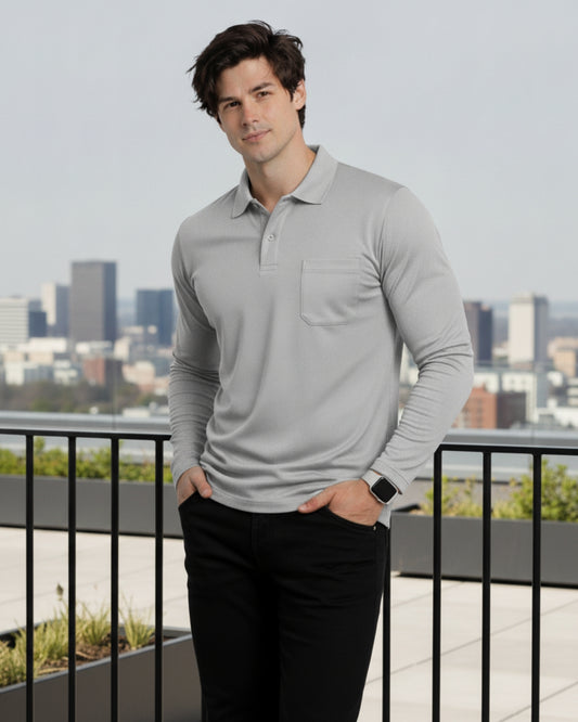 Men's Solid Grey Matty Full sleeve Polo Regular T-Shirt