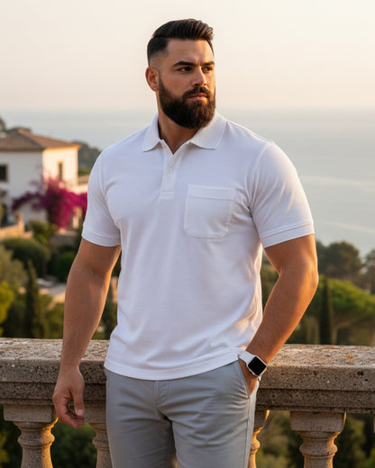 Men Plus size Polo Collar Pockets White T-shirt