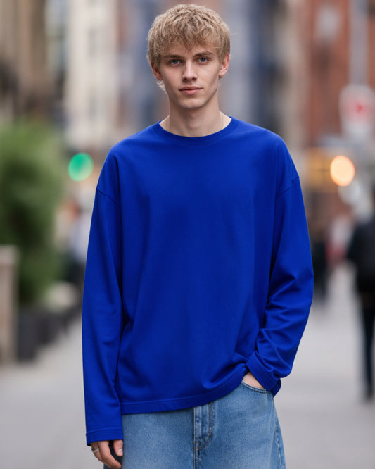 Men's Solid Royal Blue Oversized Long Sleeve Crew Neck Regular T-Shirt
