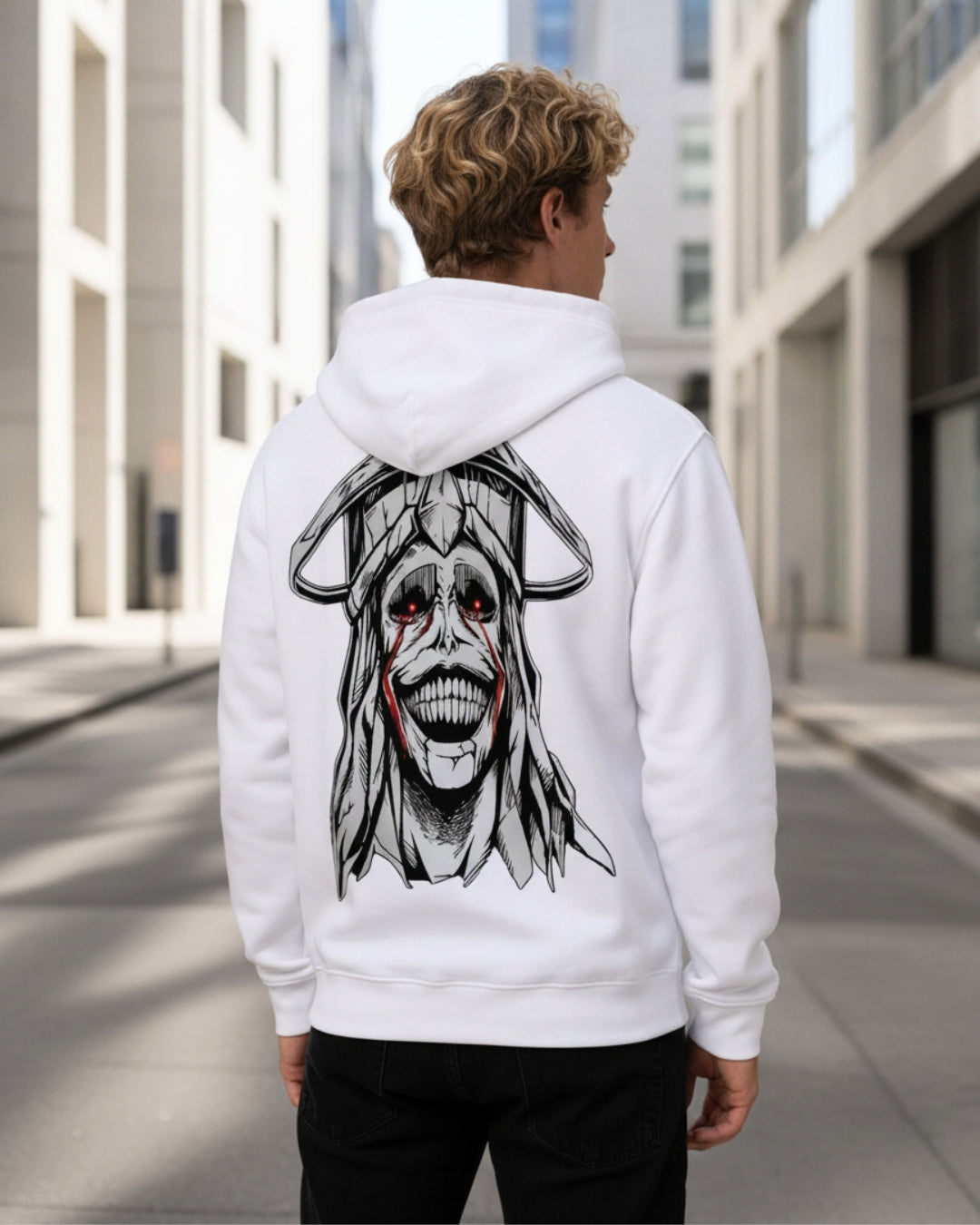 Sman's Solid White Cotton Crew Neck Oversized Printed Hoodie For Men