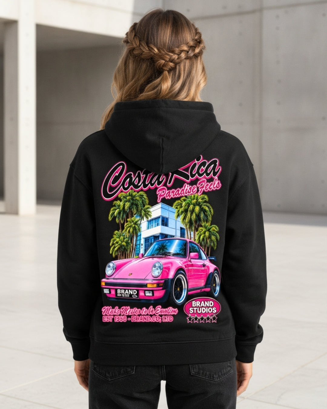Sman's Solid Black Cotton Crew Neck Oversized Printed Hoodie For Women