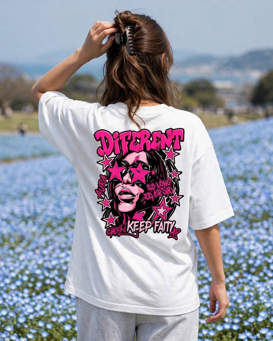 Sman's Solid White Cotton Crew Neck Oversized Printed T-Shirt For Women