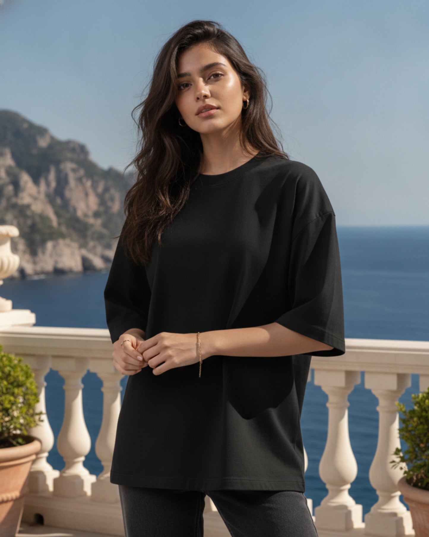 Women Solid Black Cotton  Half Sleeve Crew Neck Oversized T-Shirt