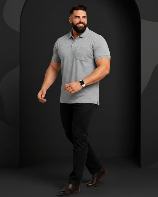 Men Plus size Polo Collar Pockets Gray T-shirt