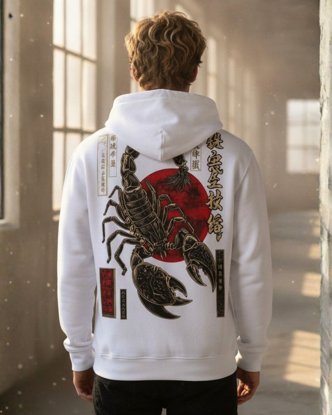 Sman's Solid White Cotton Crew Neck Oversized Printed Hoodie For Men
