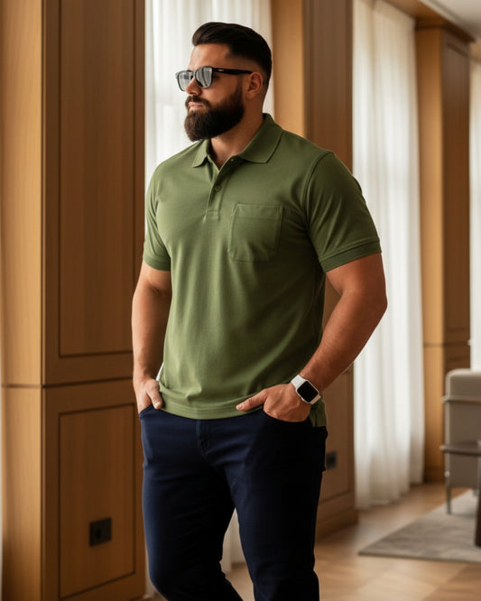 Men Plus size Polo Collar Pockets Mehndi T-shirt