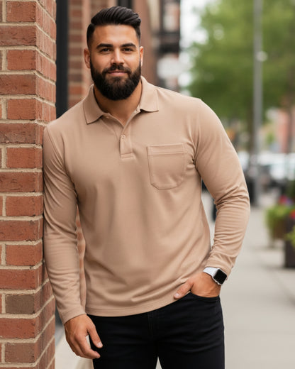 Men's Solid Peach Matty Full Sleeve Polo Regular T-Shirt