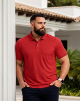 Men Plus size Polo Collar Pockets Red T-shirt