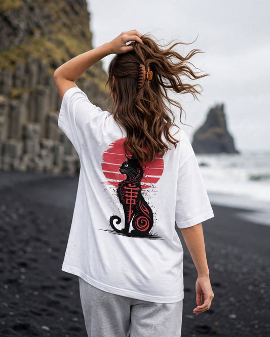 Sman's Solid White Cotton Crew Neck Oversized Printed T-Shirt For Women