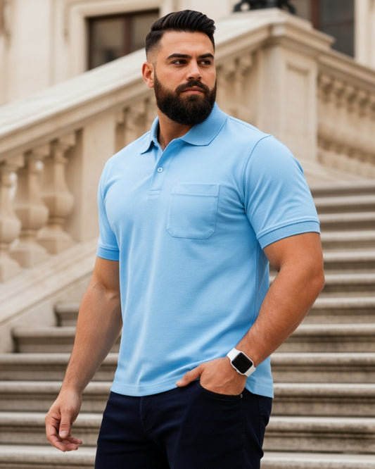 Men Plus size Polo Collar Pockets Sky Blue T-shirt
