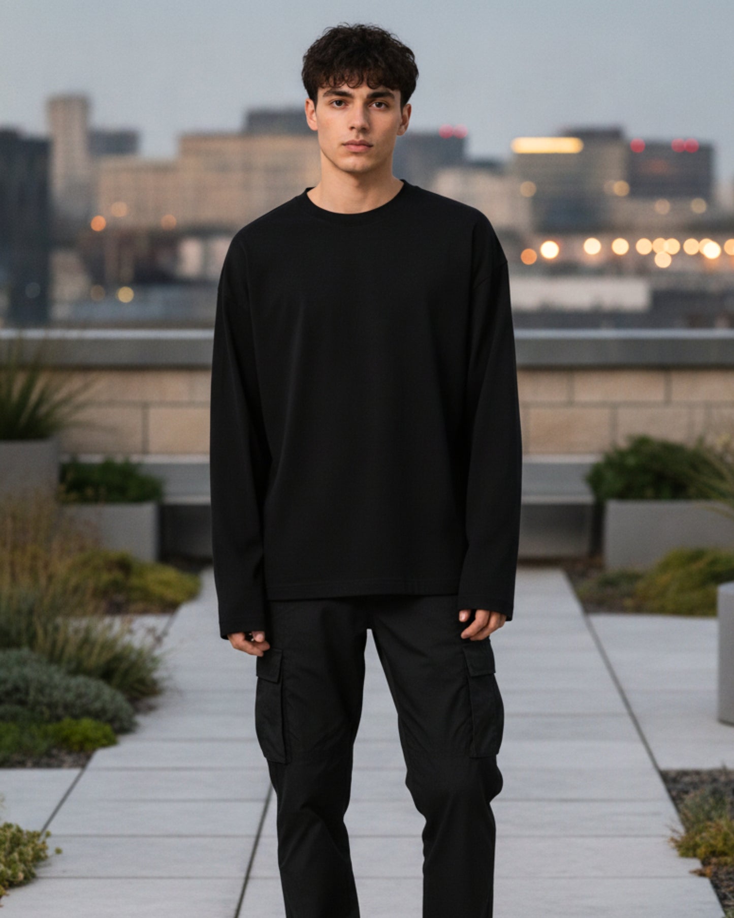 Men's Solid Black Cotton Long Sleeve Crew Neck Oversized T-Shirt