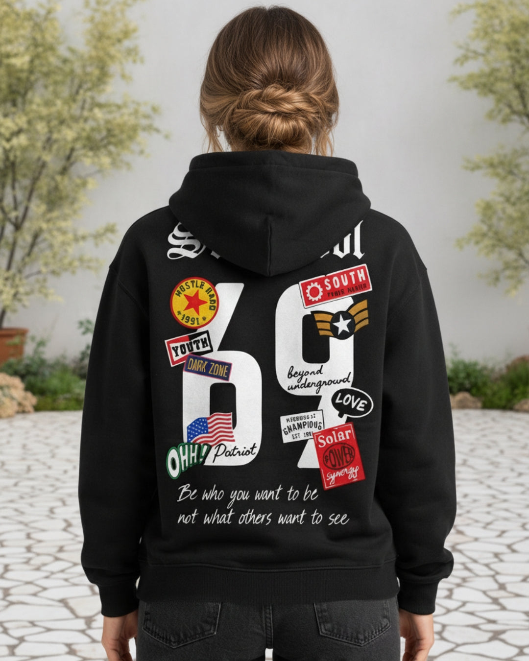 Sman's Solid Black Cotton Crew Neck Oversized Printed Hoodie For Women