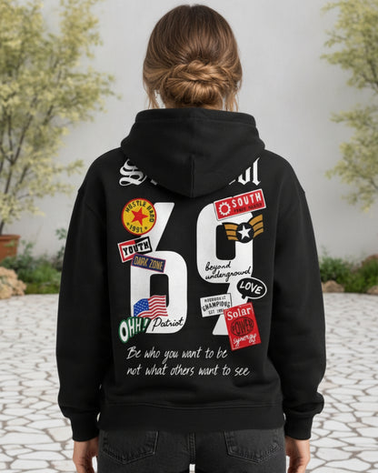 Sman's Solid Black Cotton Crew Neck Oversized Printed Hoodie For Women