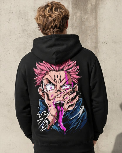 Sman's Solid Black Cotton Crew Neck Oversized Printed Hoodie For Men