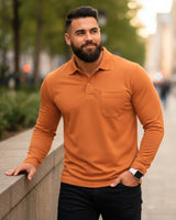 Men's Solid Orange Matty Full Sleeve Polo Regular T-Shirt