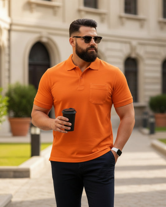 Men Plus size Polo Collar Pockets Orange T-shirt