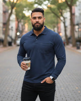 Men's Solid Navy Blue Matty Full Sleeve Polo Regular T-Shirt