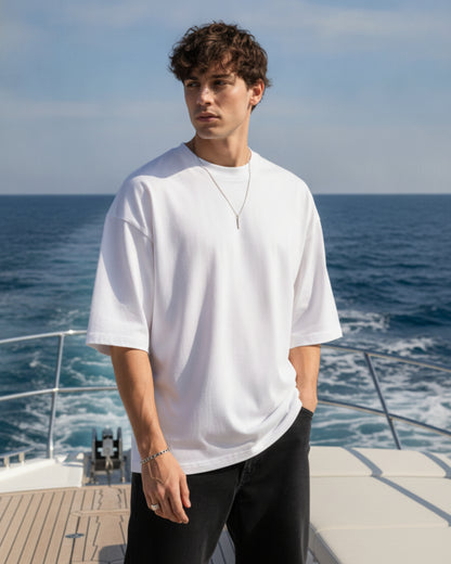Men's Solid White Cotton  Half Sleeve Crew Neck Oversized T-Shirt