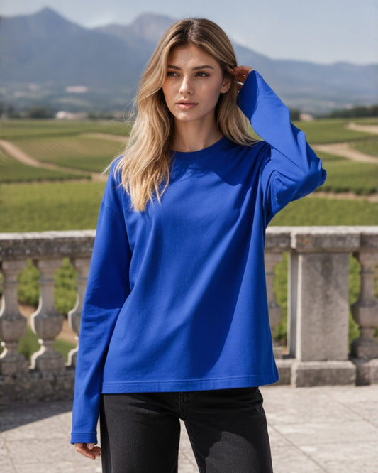 Women's Solid Royal Blue Oversized Long Sleeve Crew Neck Regular T-Shirt