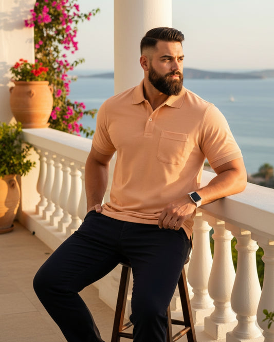Men Plus size Polo Collar Pockets Peach T-shirt