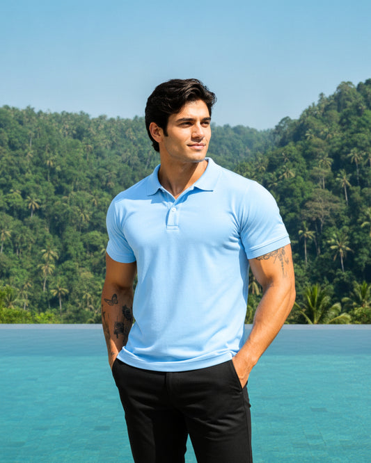 Men's Solid Sky Blue Matty Half Sleeve Polo Regular T-Shirt