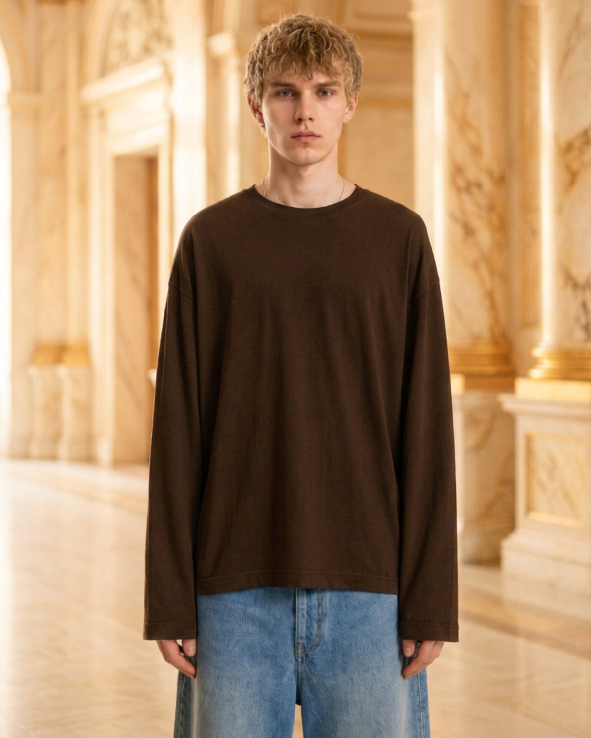 Men's Solid Brown Oversized Long Sleeve Crew Neck Regular T-Shirt