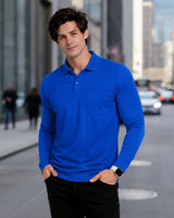 Men's Solid Royal Blue Matty Full sleeve Polo Regular T-Shirt