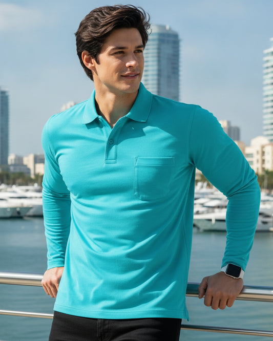 Men's Solid Aqua Matty Full sleeve Polo Regular T-Shirt