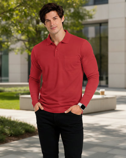 Men's Solid Red Matty Full sleeve Polo Regular T-Shirt