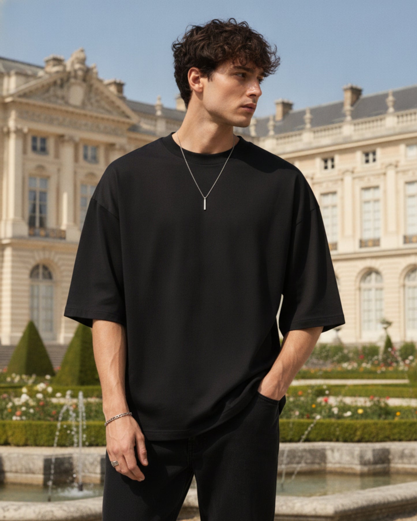 Men's Solid Black Cotton  Half Sleeve Crew Neck Oversized T-Shirt
