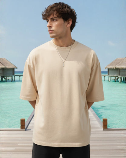 Men's Solid Beige Cotton  Half Sleeve Crew Neck Oversized T-Shirt