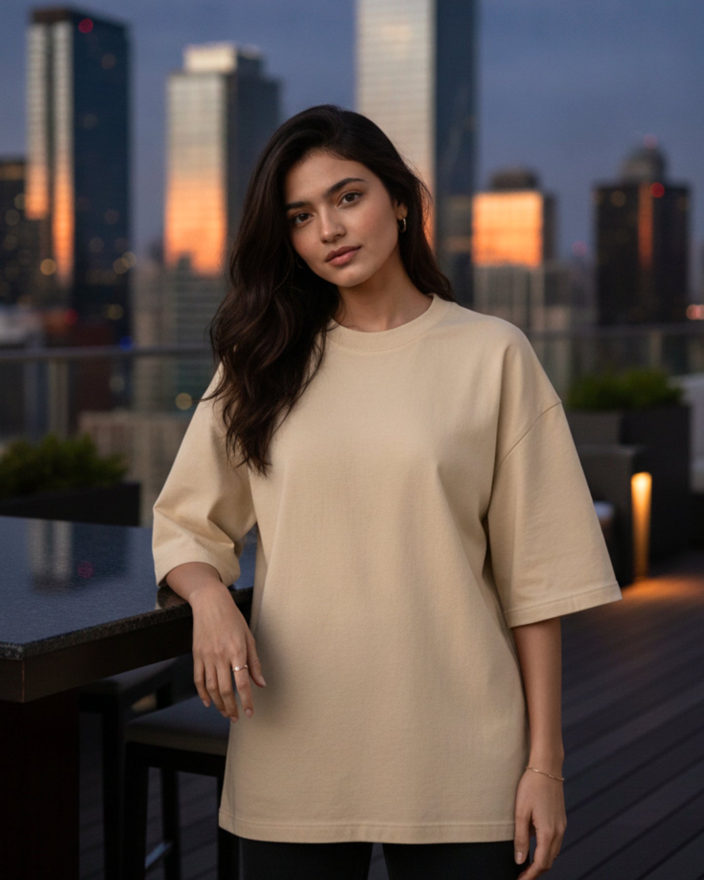 Women Solid Beige Cotton  Half Sleeve Crew Neck Oversized T-Shirt