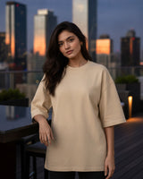 Women Solid Beige Cotton  Half Sleeve Crew Neck Oversized T-Shirt