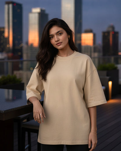 Women Solid Beige Cotton  Half Sleeve Crew Neck Oversized T-Shirt