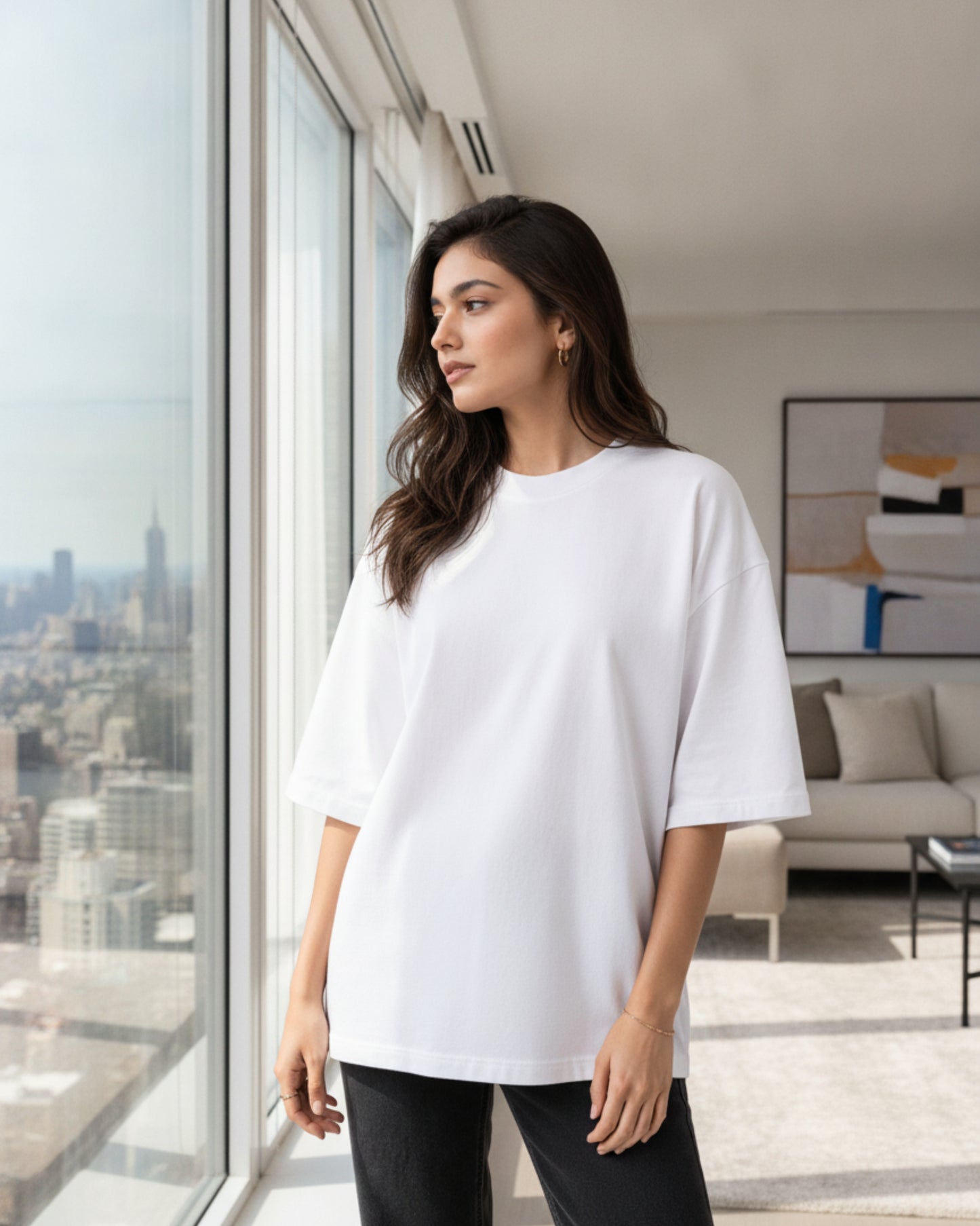 Women Solid White Cotton  Half Sleeve Crew Neck Oversized T-Shirt