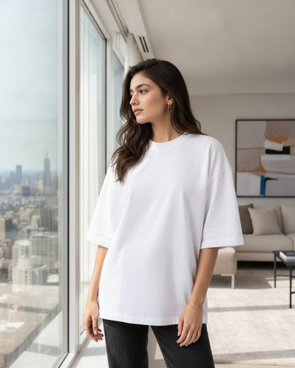 Women Solid White Cotton  Half Sleeve Crew Neck Oversized T-Shirt