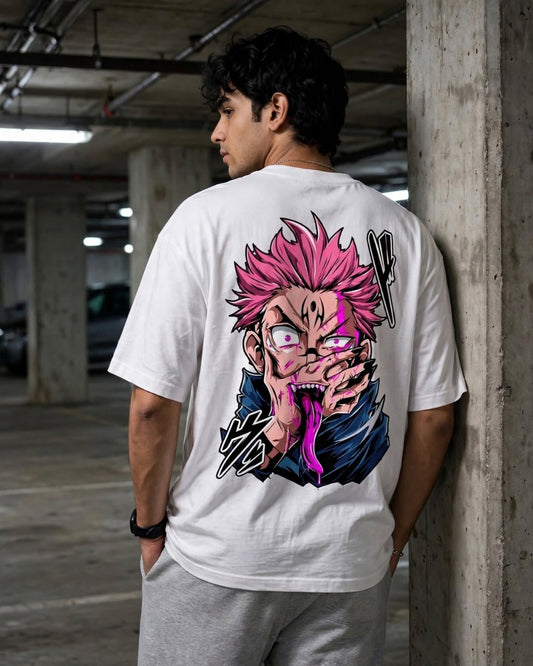 Sman's Solid White Cotton Crew Neck Oversized Printed T-Shirt For Men