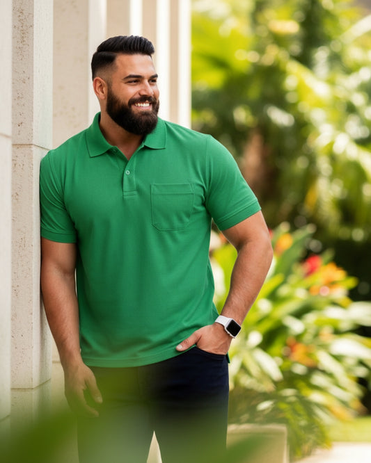 Men Plus size Polo Collar Pockets Green T-shirt