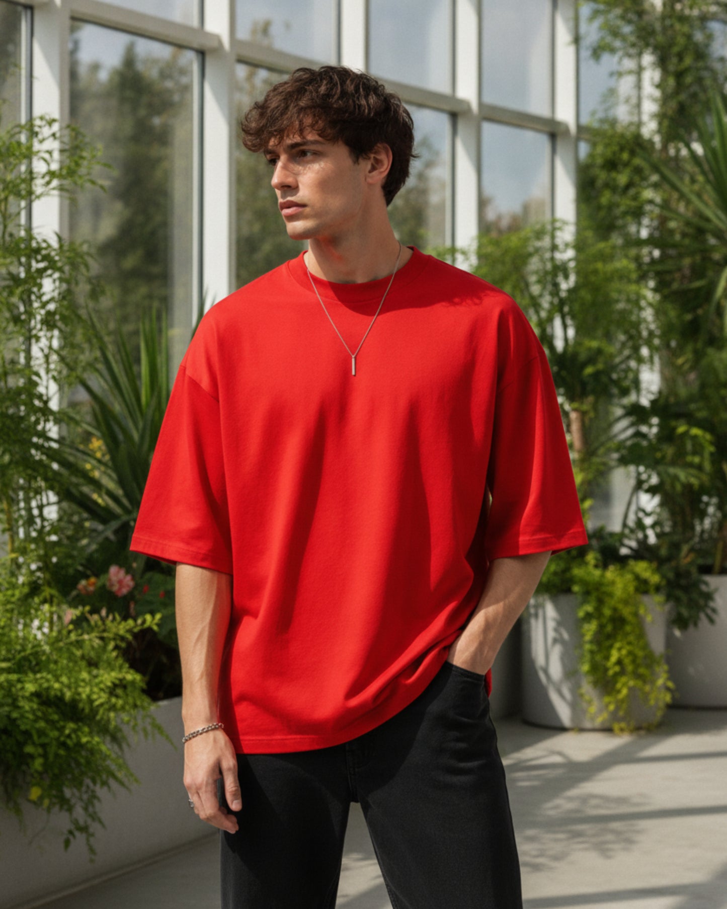 Men's Solid Red Cotton  Half Sleeve Crew Neck Oversized T-Shirt