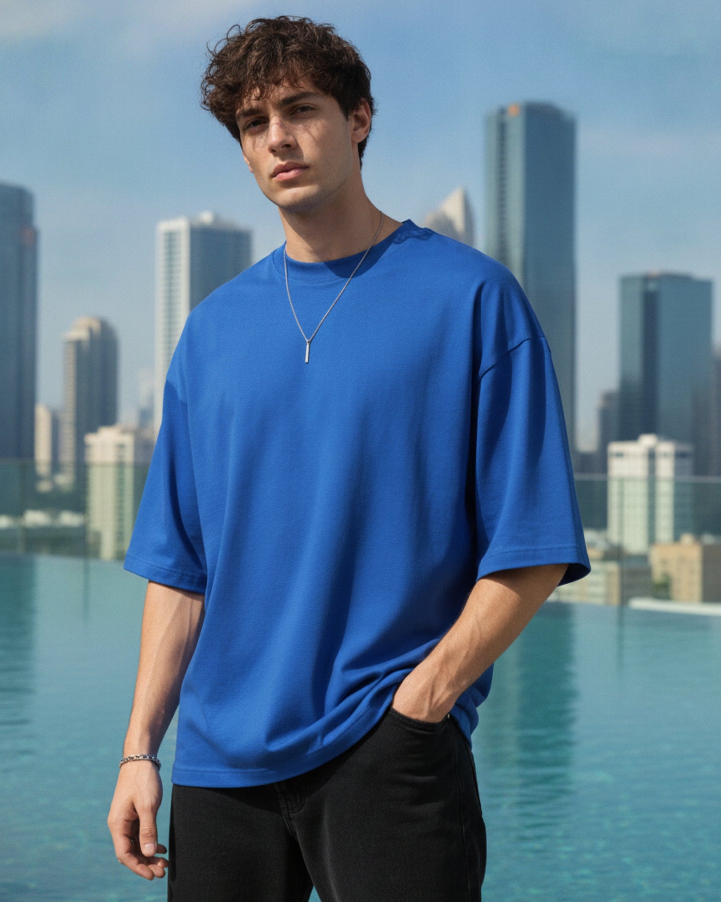 Men's Solid Royal Blue Cotton  Half Sleeve Crew Neck Oversized T-Shirt