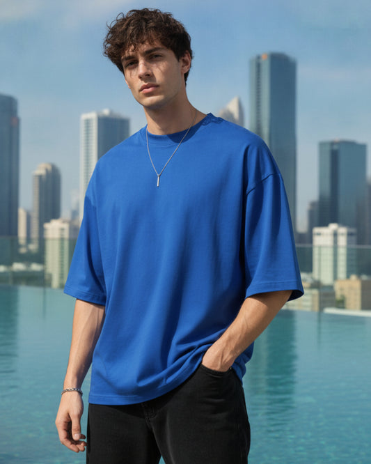Men's Solid Royal Blue Cotton Half Sleeve Crew Neck Oversized T-Shirt