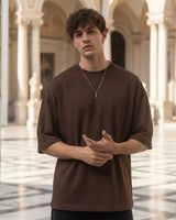Men's Solid Brown Cotton  Half Sleeve Crew Neck Oversized T-Shirt